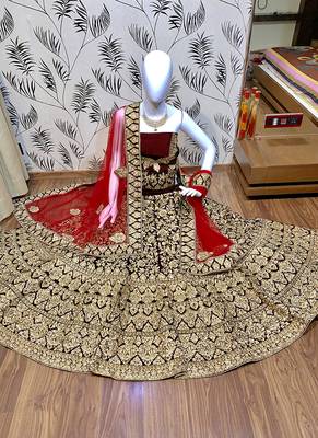 Red Embroidered Velvet Semi Stitched Lehenga 1