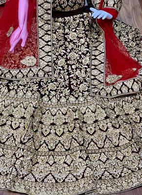 Red Embroidered Velvet Semi Stitched Lehenga 2
