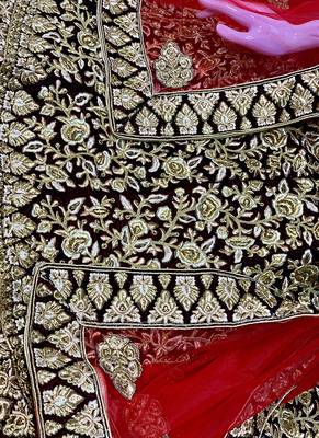 Red Embroidered Velvet Semi Stitched Lehenga 3