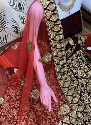 Red Embroidered Velvet Semi Stitched Lehenga 4