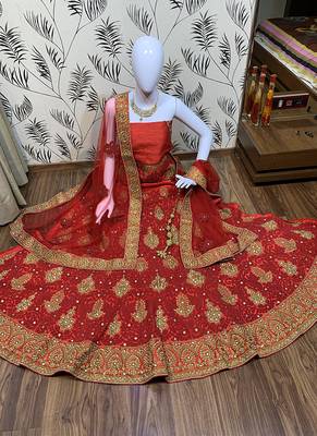 Red Embroidered Satin Semi Stitched Lehenga 1