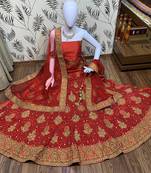 Red Embroidered Satin Semi Stitched Lehenga