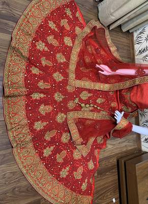 Red Embroidered Satin Semi Stitched Lehenga 2