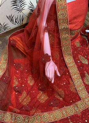 Red Embroidered Satin Semi Stitched Lehenga 3