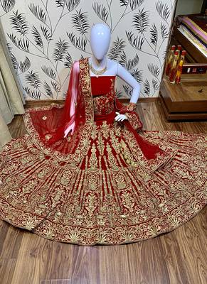 Red Embroidered Velvet Semi Stitched Lehenga 1