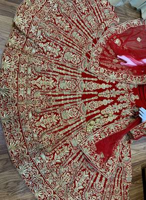 Red Embroidered Velvet Semi Stitched Lehenga 2