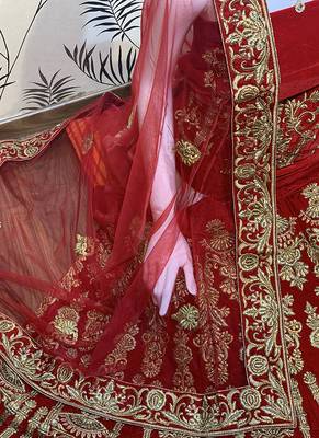 Red Embroidered Velvet Semi Stitched Lehenga 3