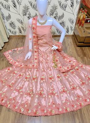 Pink Embroidered Net Semi Stitched Lehenga 1