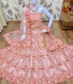 Pink Embroidered Net Semi Stitched Lehenga