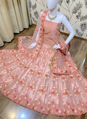 Pink Embroidered Net Semi Stitched Lehenga 2