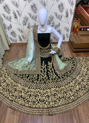 Green Embroidered Velvet Semi Stitched Lehenga 1