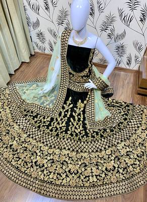 Green Embroidered Velvet Semi Stitched Lehenga 2