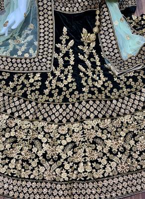 Green Embroidered Velvet Semi Stitched Lehenga 3