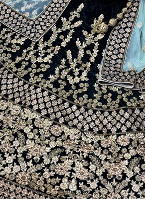 Green Embroidered Velvet Semi Stitched Lehenga 4