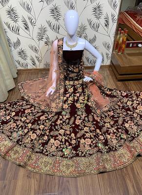 Maroon Embroidered Velvet Semi Stitched Lehenga 1