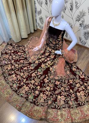 Maroon Embroidered Velvet Semi Stitched Lehenga 2