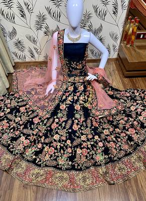 Blue Embroidered Velvet Semi Stitched Lehenga 1