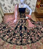 Blue Embroidered Velvet Semi Stitched Lehenga