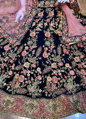Blue Embroidered Velvet Semi Stitched Lehenga 2