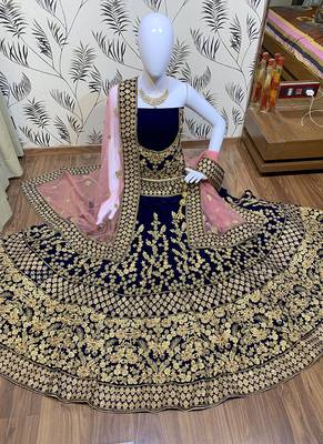 Blue Embroidered Velvet Semi Stitched Lehenga 1