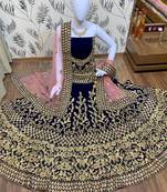 Blue Embroidered Velvet Semi Stitched Lehenga