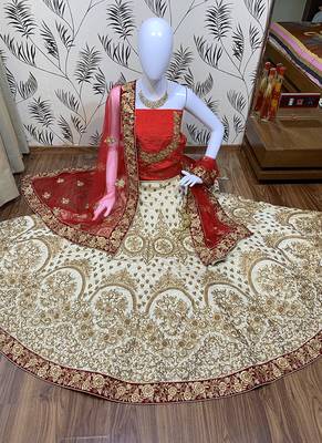 Off-White Embroidered Satin Semi Stitched Lehenga 1