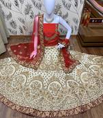 Off-White Embroidered Satin Semi Stitched Lehenga