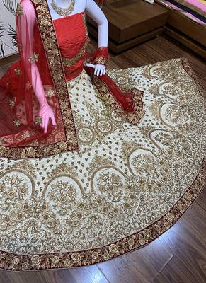 Off-White Embroidered Satin Semi Stitched Lehenga 2