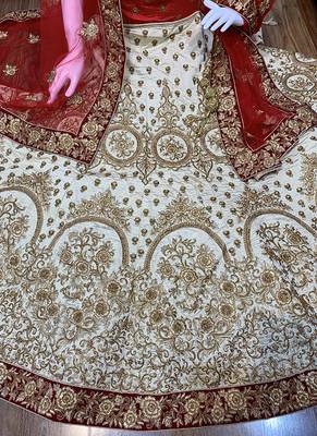 Off-White Embroidered Satin Semi Stitched Lehenga 4