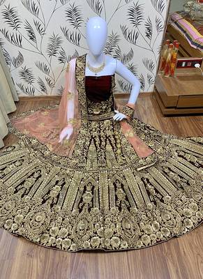 Maroon Embroidered Velvet Semi Stitched Lehenga 1