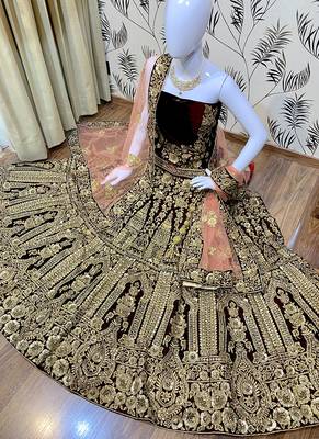 Maroon Embroidered Velvet Semi Stitched Lehenga 2