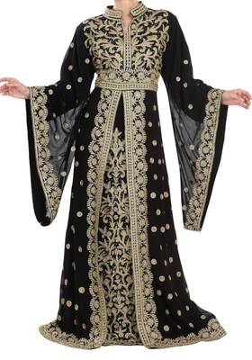 Black Aari Work Stones & Beads Moroccon Embellish Georgette Islamic Style Arabian Maxi Partywear Kaftan 1