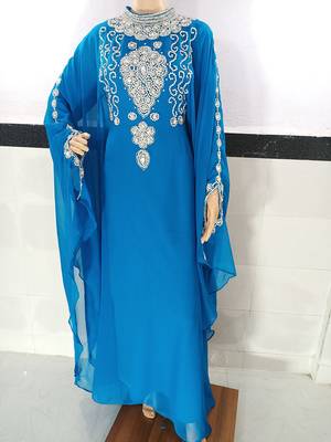turquoise georgette moroccan kaftan with zari and stone work  1