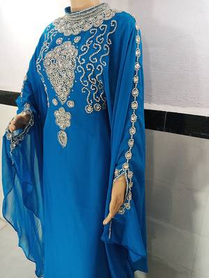 turquoise georgette moroccan kaftan with zari and stone work  2