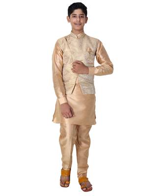 Fawn printed cotton silk boys-kurta-pyjama 1