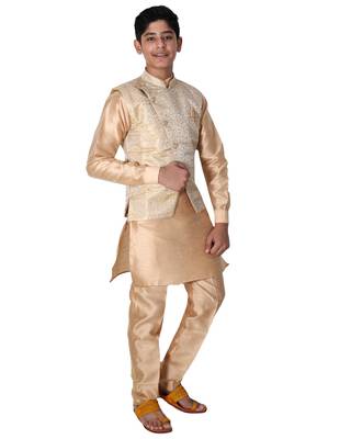 Fawn printed cotton silk boys-kurta-pyjama 2