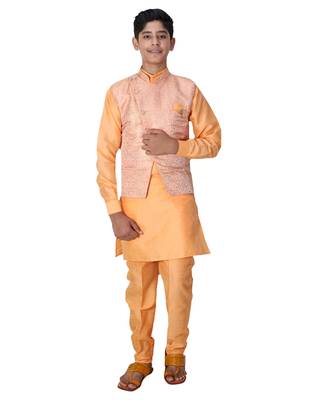 Orange printed cotton silk boys-kurta-pyjama 1