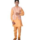 Orange printed cotton silk boys-kurta-pyjama