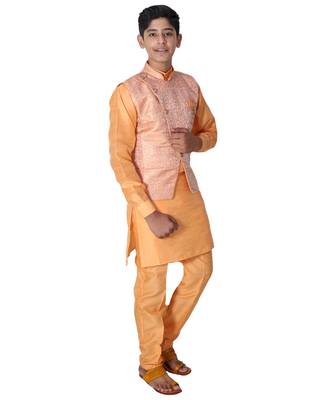 Orange printed cotton silk boys-kurta-pyjama 2