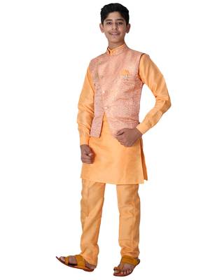 Orange printed cotton silk boys-kurta-pyjama 3