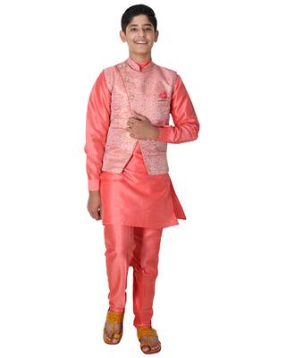 Pink printed cotton silk boys-kurta-pyjama 1