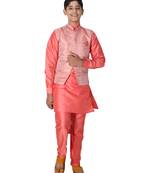 Pink printed cotton silk boys-kurta-pyjama