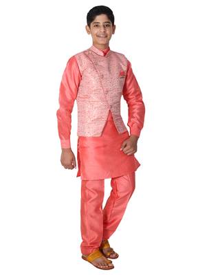 Pink printed cotton silk boys-kurta-pyjama 2