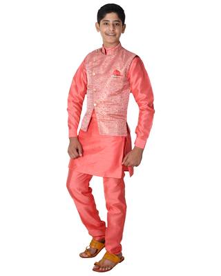Pink printed cotton silk boys-kurta-pyjama 3