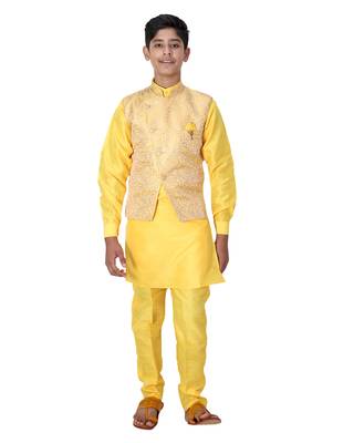 Yellow printed cotton silk boys-kurta-pyjama 1