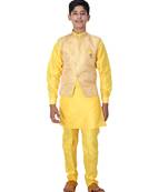 Yellow printed cotton silk boys-kurta-pyjama