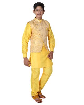 Yellow printed cotton silk boys-kurta-pyjama 2