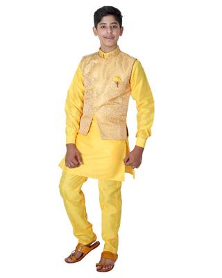Yellow printed cotton silk boys-kurta-pyjama 3