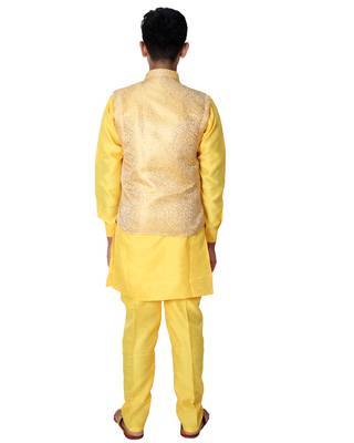 Yellow printed cotton silk boys-kurta-pyjama 5
