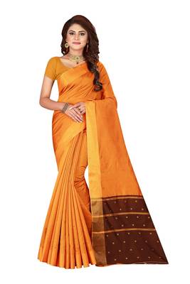 Kimisha Gold Cotton Silk Blend Border Work Saree With Running Blouse 1